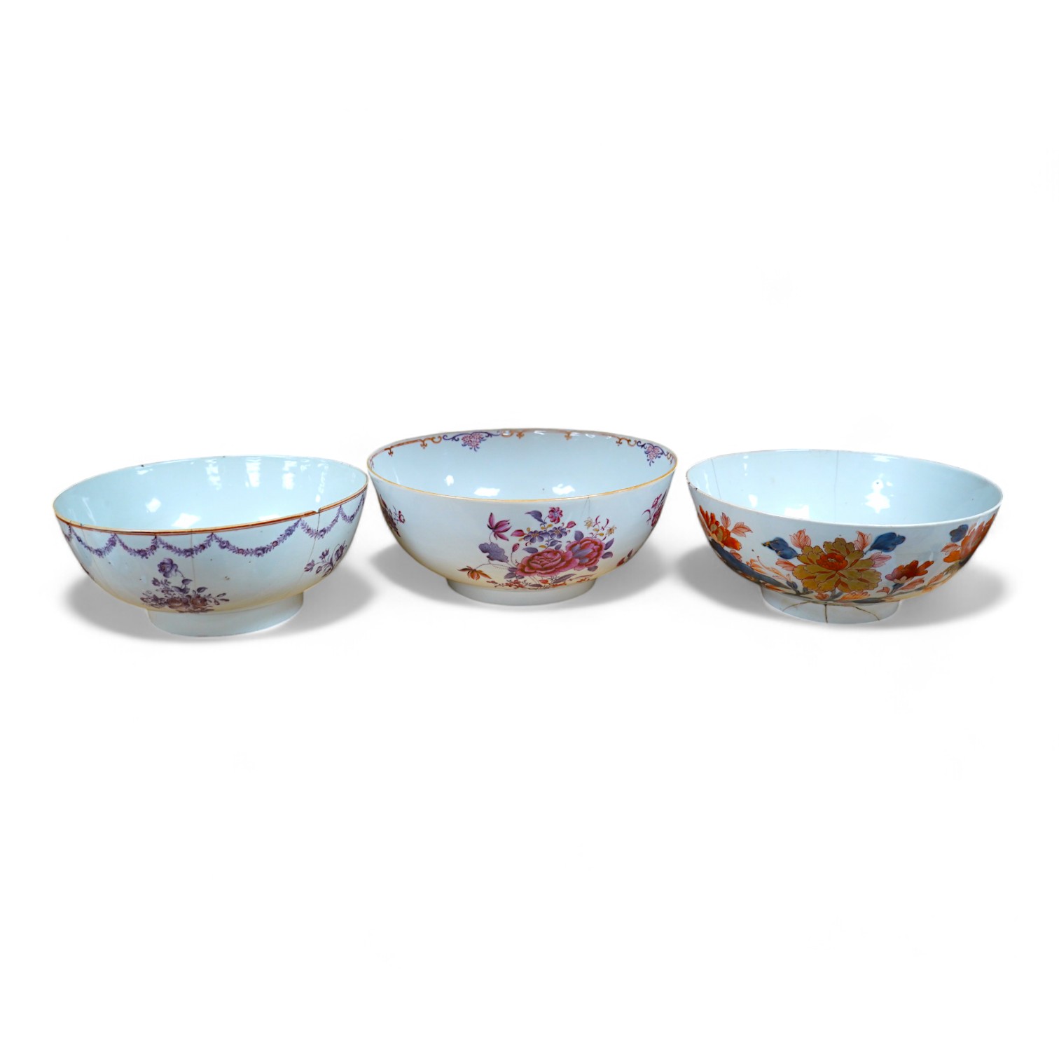 Three late 18th century Chinese porcelain bowls, (all damaged), noticed 28.5cm diameter. Condition - poor.